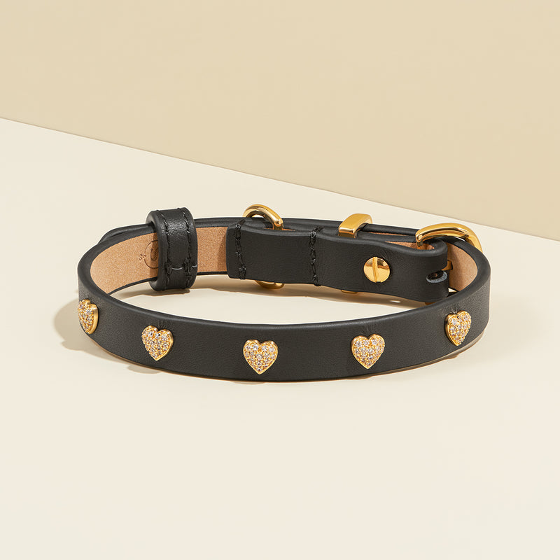 Gold Heart Black Dog Collar
